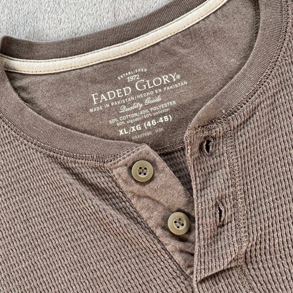 Faded Glory Henley Shirt Mens XL Brown Waffle Knit Thermal Long Sleeve Layering - Picture 3 of 11